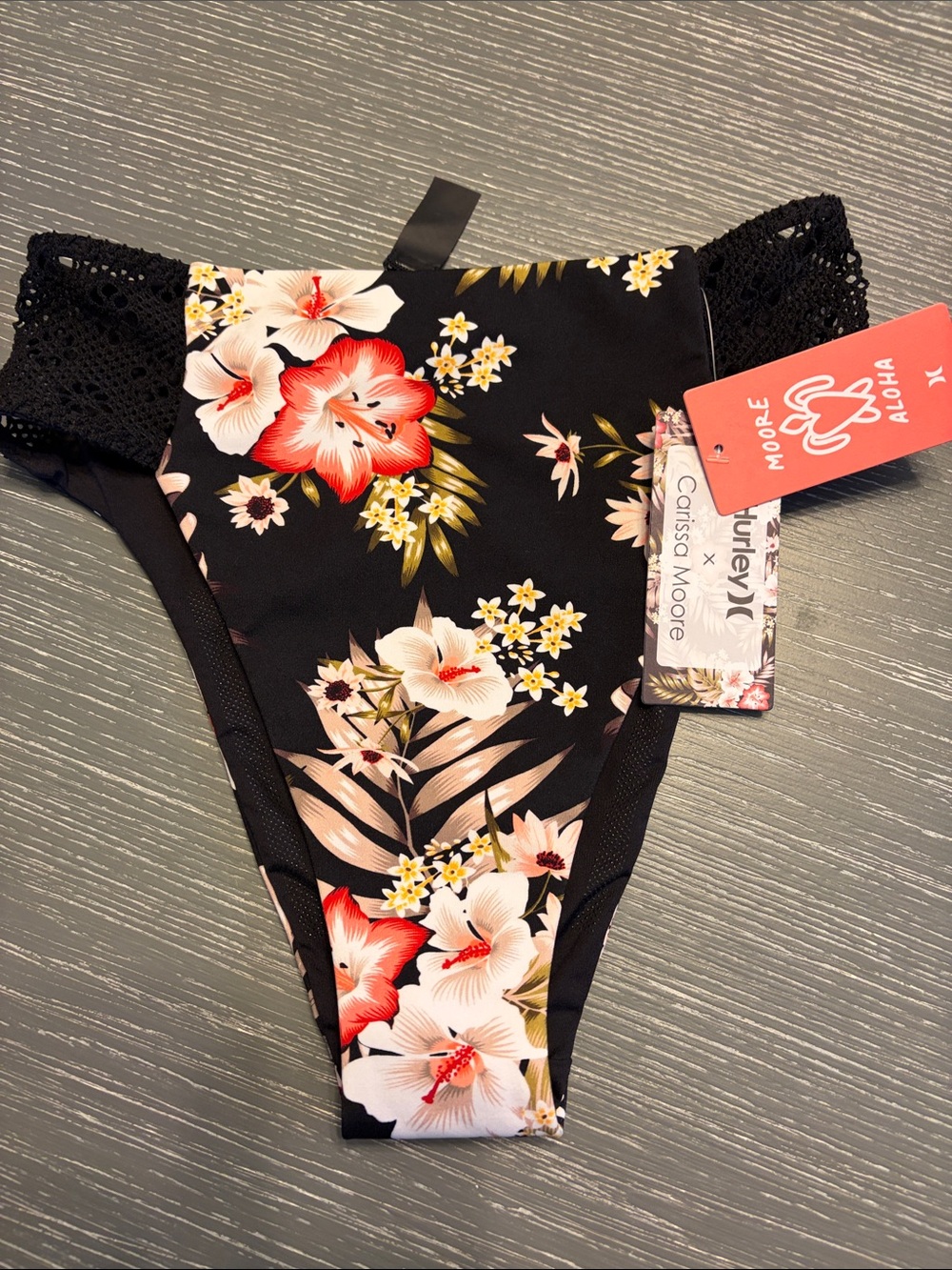 Hurley x Carissa Moore Black Floral High-Waist Bikini Bottom with Crochet Sides